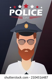 Police Day. Policeman on the background of the flag. Cartoon style.