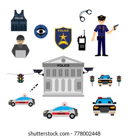 Police decorative flat icons set with building car motorcycle officer weapon handcuffs criminal vest isolated vector illustration