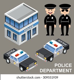 Police department. Building, police cars and police officer. Vector illustration