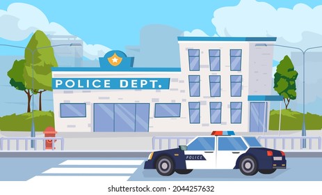 Police department building exterior concept in flat cartoon design. Modern police building, patrol car on road, city street with trees and cross walking. Vector illustration horizontal background