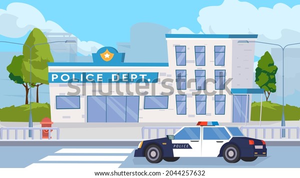Police department building exterior concept in\
flat cartoon design. Modern police building, patrol car on road,\
city street with trees and cross walking. Vector illustration\
horizontal background