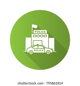 Police department building flat design long shadow glyph icon. Vector silhouette illustration