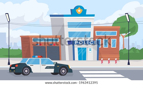 Police department building view, banner in\
flat cartoon design. Exterior of police station with patrol car.\
Protection, justice guards, justice structure concept. Vector\
illustration of web\
background