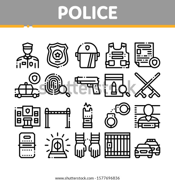 Police Department Collection Icons Set\
Vector Thin Line. Policeman Silhouette, Police Badge And Body\
Armor, Helmet And Gun And Truncheon Concept Linear Pictograms.\
Monochrome Contour\
Illustrations