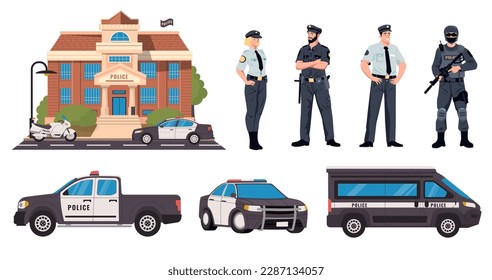 Police department collection. Policemen and swat characters in uniform and protective vest, sheriff station with police car and safety vehicles. Vector set of police department security illustration