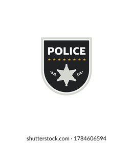 Police department emblem or badge with sheriff star on black shield, flat vector illustration isolated on white background. Police forces division or constabulary sign.