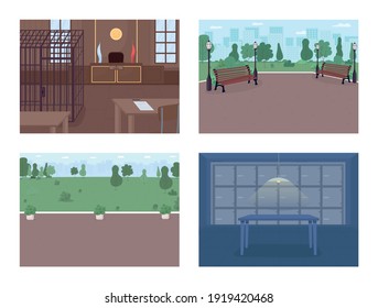 Police department facilities flat color vector illustration set. Finding evidences and catching criminals. Justice and law representation 2D cartoon interior with beautiful furniture on background