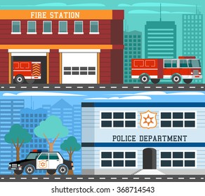 Police department and fire station 2 flat horizontal banners composition with emergency vehicles abstract isolated vector illustration 