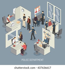 Police Department Isometric Composition With Policemen Visitors Arrested Persons Interrogation Office Interior On Blue Background Vector Illustration