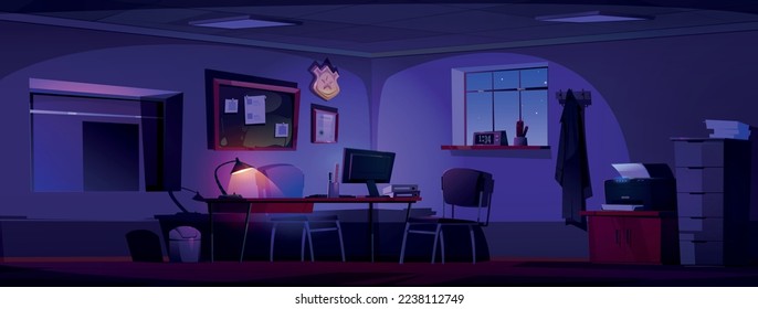 Police department office interior at night. Empty dark room in police station with desk with computer and lamp, window to interrogation room and blackboard, vector cartoon illustration