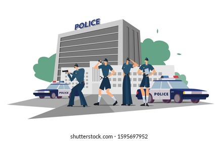 Police department with officers in uniform, cars and city landscape. Policemen work at the department. Illustration shows common sense of police service, general positions of officers.