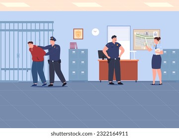 Police Department. Police officers in various work processes of law enforcement agencies. Observance and protection of public order, investigation of crimes. Vector illustration