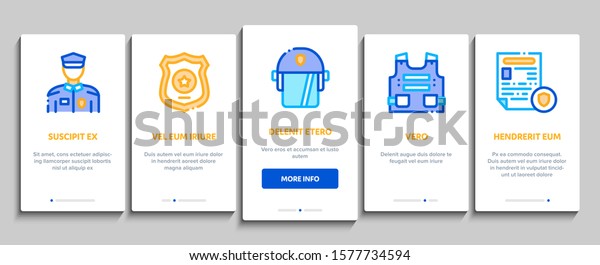 Police Department Onboarding Mobile App\
Page Screen. Policeman Silhouette, Police Badge And Body Armor,\
Helmet And Gun And Truncheon Concept\
Illustrations