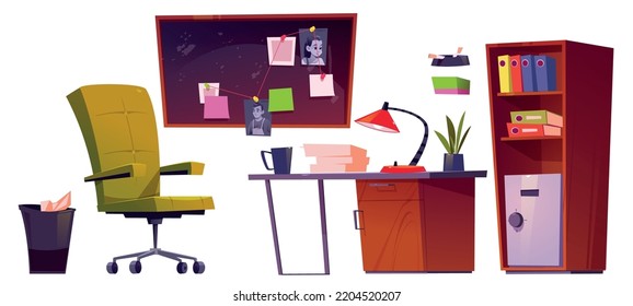 Police department or private detective agency office set, desk and board with evidences. Vector cartoon isolated illustration of detective agent cabinet, laptop on table, chair, bookcase and pinboard