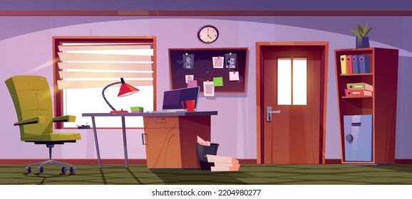 Police department or private detective agency office with desk and board with evidences. Vector cartoon illustration of detective agent cabinet with laptop on table, chair, bookcase and pinboard