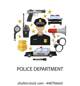 Police department round design with officer in center megaphone gun car handcuffs badge radio stars vector illustration