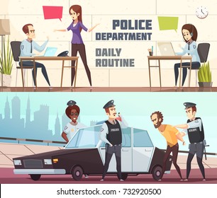 Police Department And Scene Of Offender Arrest Horizontal Banners Describing Working Process Of Staff In Office And Outdoor Vector Illustration  