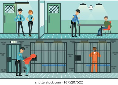 Police Department Set, Policemen Working and Questioning Suspects, Prison Cell with Prisoners Vector Illustration