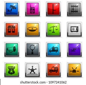police department vector icons in square colored buttonsfor web and user interface design