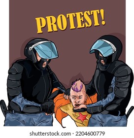 Police detain a protester, the violence against the opposition vector illustration