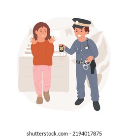 Police detective game isolated cartoon vector illustration. Children role-play, kid pretending police detective, solving crime game, kid wearing police uniform, showing a badge vector cartoon.