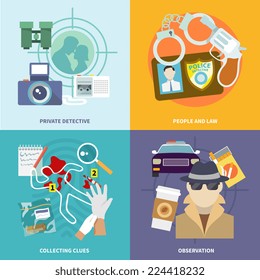 Police detective icons flat set with people and law collecting clues observation isolated vector illustration