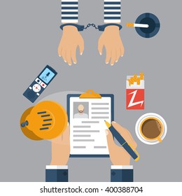 Police detective interrogating a prisoner in handcuffs. Investigation. Cop interrogating a prisoner, record the conversation on dictaphone. Vector illustration,  flat style.