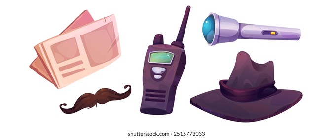 Police detective masking equipment set isolated on white background. Vector cartoon illustration of fake moustache, retro hat and newspaper for secret spying, walkie-talkie radio and flashlight