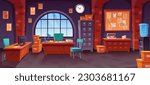 Police detective office interior with furniture. Vector cartoon illustration of room with investigation pinboard on wall, boxes with criminal case evidence, computers on desks, chairs, donuts on table