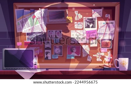 Police detective shadow on board with crime investigation evidence. Newspaper cutouts, suspect and victim photos, fingerprints, map, dna test result, pins and strings. Cartoon vector illustration