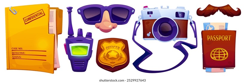 Police detective spying equipment set isolated on white background. Vector cartoon illustration of criminal case folder, radio, cop badge, vintage camera, passport, tickets, moustache and sunglasses