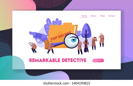 Detectives de policía e investigadores privados en el trabajo investigando y resolviendo delitos. Servicio de Inteligencia Espías, Observadores. Página de Inicio del Sitio Web, Página Web. Ilustración de vectores planos de caricatura, pancarta