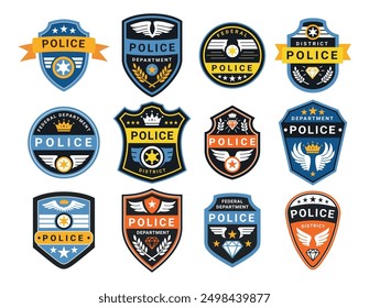 Police district federal department insignia badge design template set vector flat illustration. Policemen agent cop detective emblem justice label with star wings and diamond