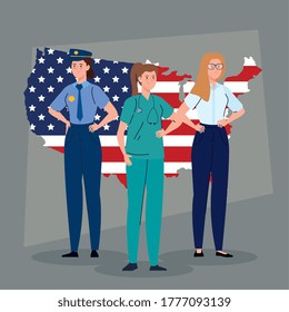 police doctor woman and businesswoman with usa flag map design, Labor day holiday and patriotic theme Vector illustration