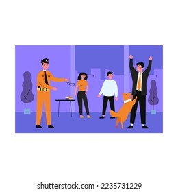 Police dog attacking scared criminal man. Officer, outlaw, arrest flat vector illustration. Law and animals concept for banner, website design or landing web page