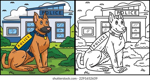 Police Dog Coloring Page Colored Illustration