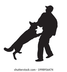 Police dog in training Black silhouette on white background. German Shepherd aggressive dog training obedience. Detail of K9 Bite sleeve. Side view. 