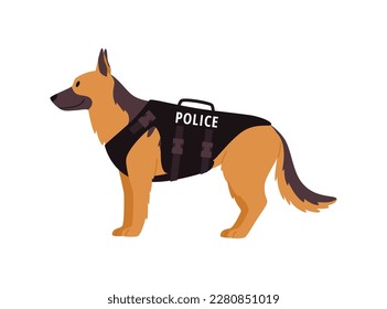 Police dog in vest, flat vector illustration isolated on white background. German shepherd working with policemen. Service and assistance dogs concepts. Working animal.