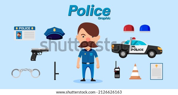 Police dress up constructor set you can choose
costume ID card, hat, gun, shackle, stick, light, signal, car,
walkie talkie, traffic, cone, document. Cartoon vector illustration
character design