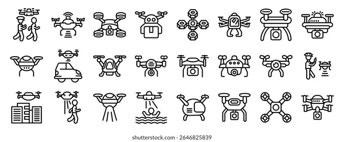  Police drone icons set. Collection of drone icons representing various applications like delivery, rescue, surveillance, and aerial photography