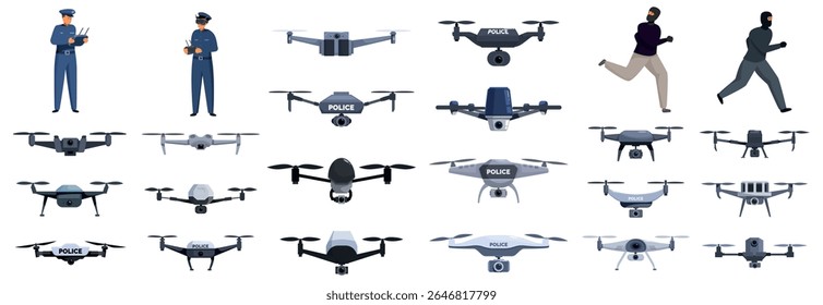  Ícones de drones da polícia definidos. Policiais usam drones com câmera para vigiar e perseguir criminosos