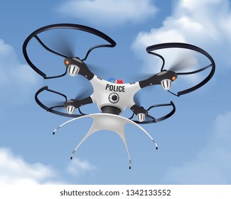 Police drone realistic in sky composition for security and protection of population in the city vector illustration