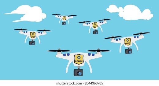 Police Drone Swarm Surveillance Modern Age Crime Prevention. Vector Art