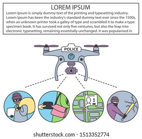 Police drone usage Infographic hand drawn doodle. Drone or UAV with police mark on the front side color. Aircraft makes identification of a thief at the crime scene, tracking people. - Vector
