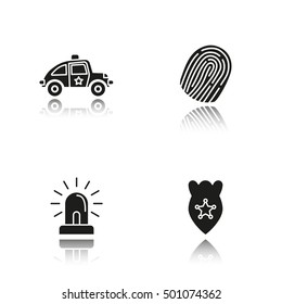Police drop shadow black icons set. Car, fingerprint, flasher, badge symbol. Isolated vector illustrations