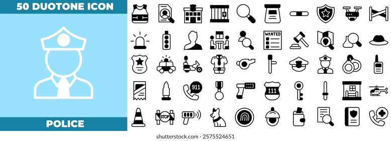 Police Duotone Editable Icons set. Vector illustration in modern thin duotone style of police icons: police, crime, jail, arrest, investigate, etc