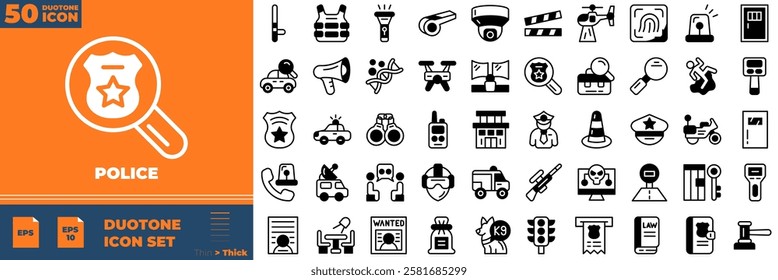 Police Duotone Editable Icons set. Vector illustration in modern thin duotone style of police icons: badge, jail, arrest, investigate, handcuffs, etc