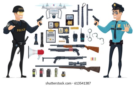 Police elements collection with policemen weapons grenades batons speaker radio documentation handcuff flashlights quadrocopter isolated vector illustration