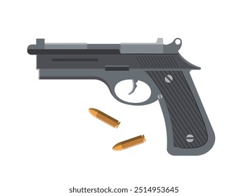 Elementos de policía puestos. Pistola con balas. Equipo de oficial o policía. Pegatina para redes sociales. Seguridad y protección. Ilustración vectorial plana aislada sobre fondo blanco