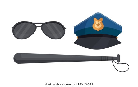 Police elements set. Sunglasses, black baton and hat with badge. Officer or policeman equipment. Guard department and legal defending. Flat vector illustration isolated on white background